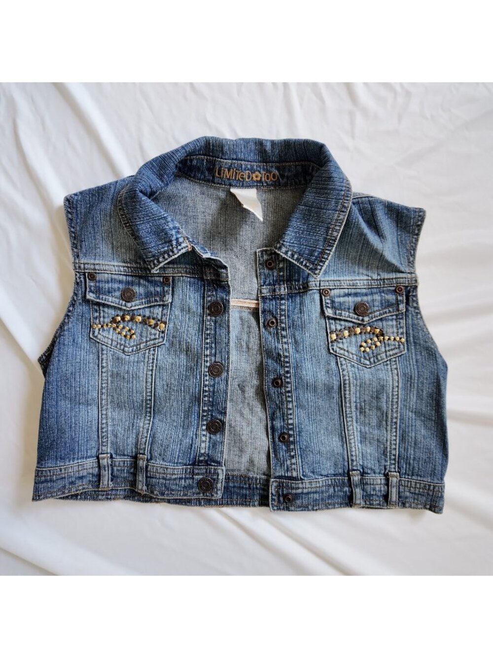 Limited Too Denim Vest Studded Cropped Y2K McBling Blue Cotton Kids XL Women XS